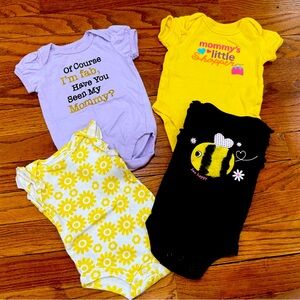 Baby girl short sleeve onesies yellow black purple size 0-3 months Bundle